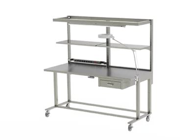Stainless prep and pack station have adjustable height, overhead light, magnification light, CPU holder, electrical strips